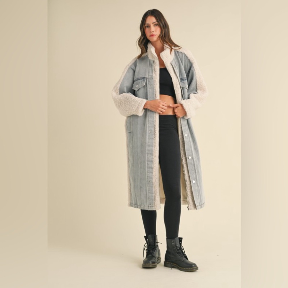 MABLE Fleece and Denim Combo Long Oversized Jacket